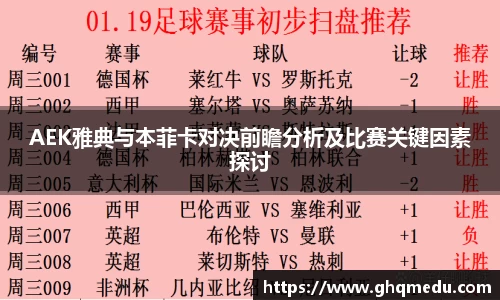 AEK雅典与本菲卡对决前瞻分析及比赛关键因素探讨